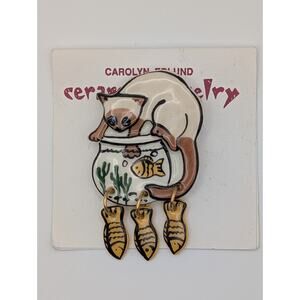 Signed Carolyn Edlund Siamese Cat Fishbowl Ceramic Brooch Pin With Dangling Fish